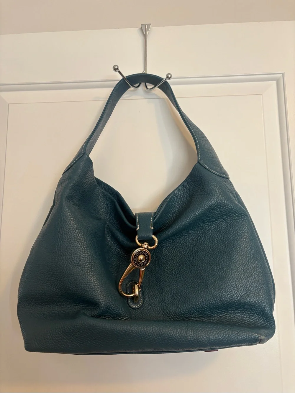 Teal Leather Shoulder Hobo Bag with Branded Hardware